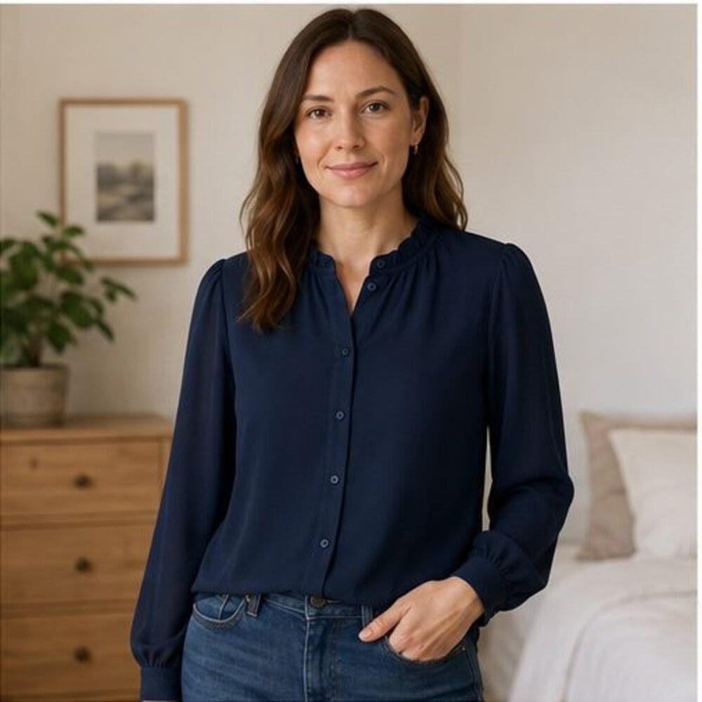 Navy Ruffle Collar Blouse - Picture 2 of 6